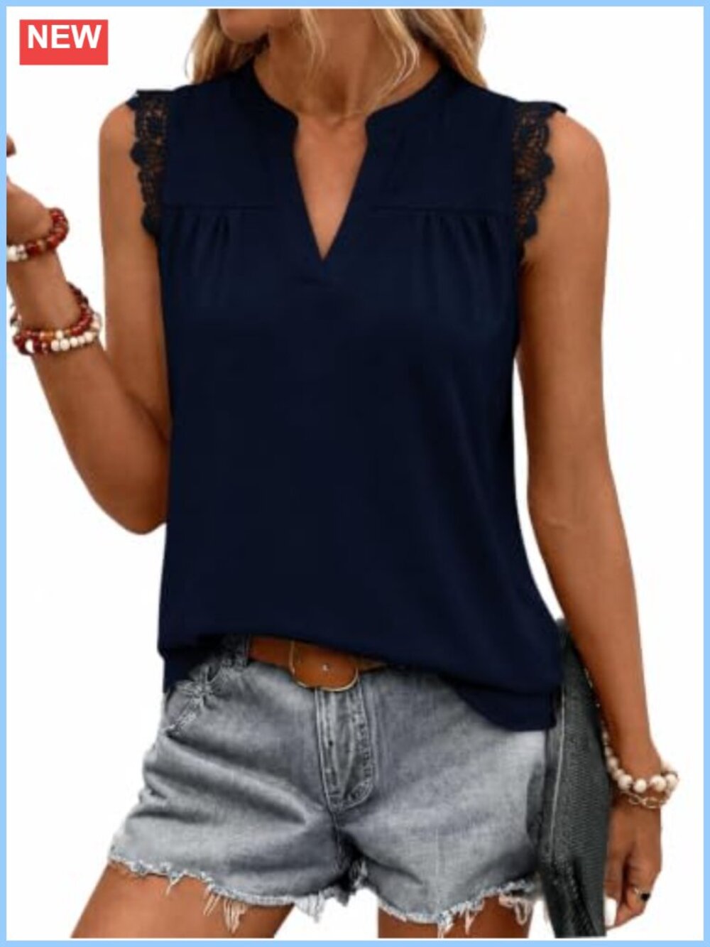 Women's Sleeveless V Neck Tank Top Lace Trim Loose Fit Tunic Summer Blouse